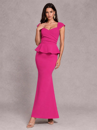 V-Neck Mermaid Satin Ruched Cap Sleeve Pleated Evening Dress