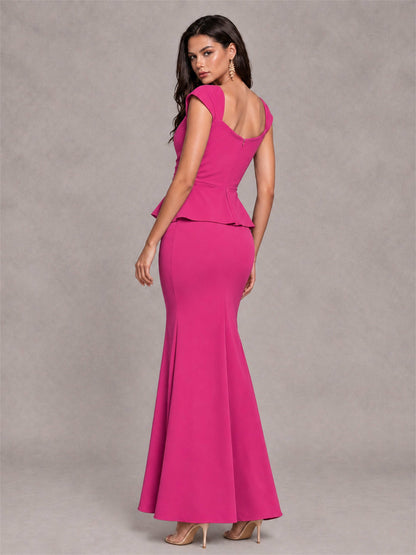 V-Neck Mermaid Satin Ruched Cap Sleeve Pleated Evening Dress