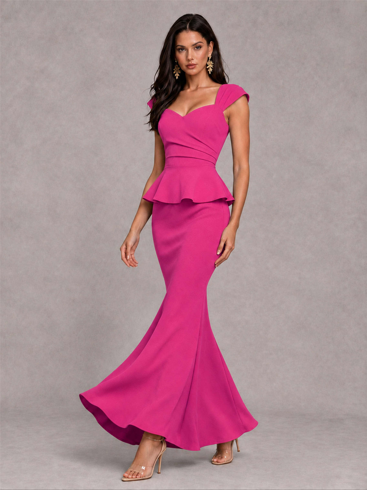 V-Neck Mermaid Satin Ruched Cap Sleeve Pleated Evening Dress
