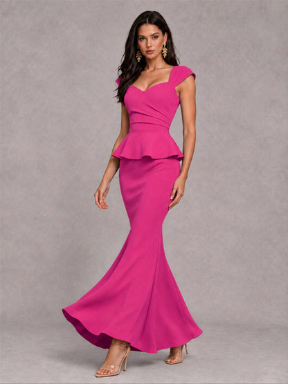 V-Neck Mermaid Satin Ruched Cap Sleeve Pleated Evening Dress