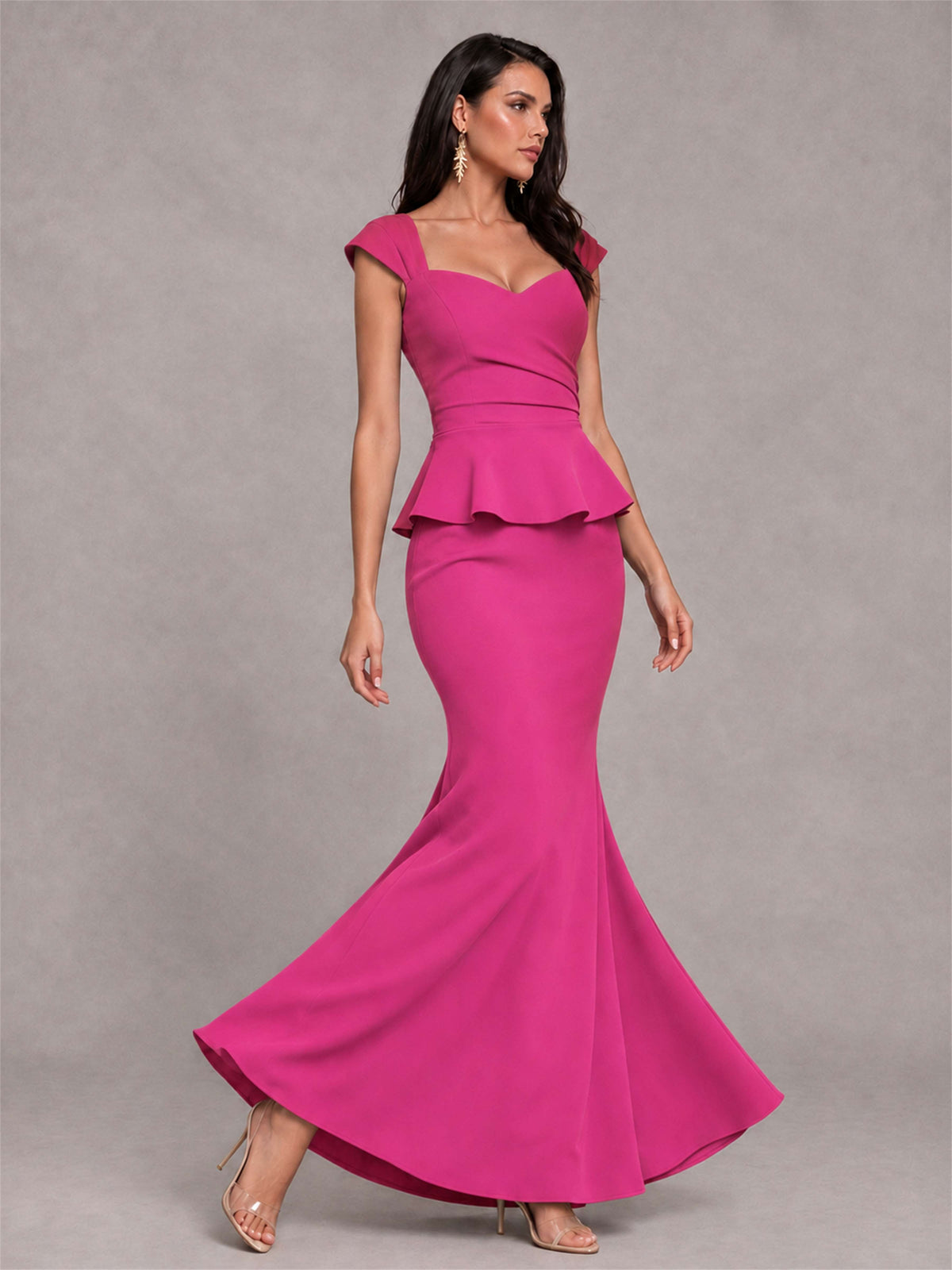 V-Neck Mermaid Satin Ruched Cap Sleeve Pleated Evening Dress