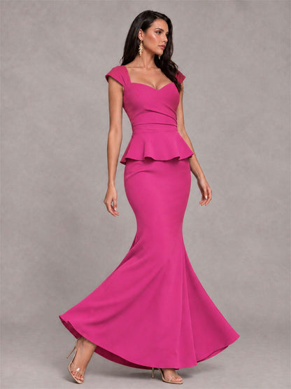 V-Neck Mermaid Satin Ruched Cap Sleeve Pleated Evening Dress