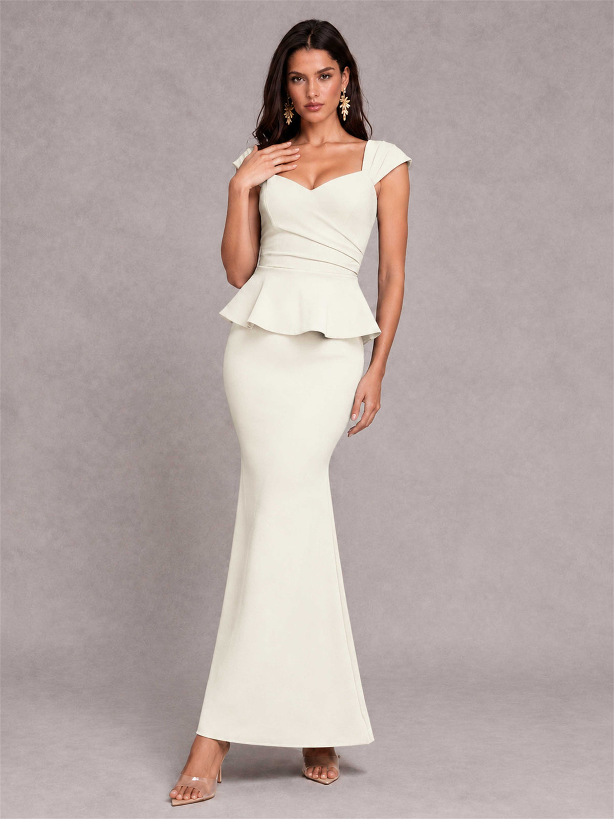 V-Neck Mermaid Satin Ruched Cap Sleeve Pleated Evening Dress