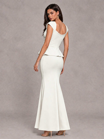 V-Neck Mermaid Satin Ruched Cap Sleeve Pleated Evening Dress