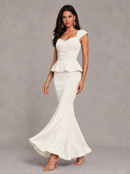 V-Neck Mermaid Satin Ruched Cap Sleeve Pleated Evening Dress