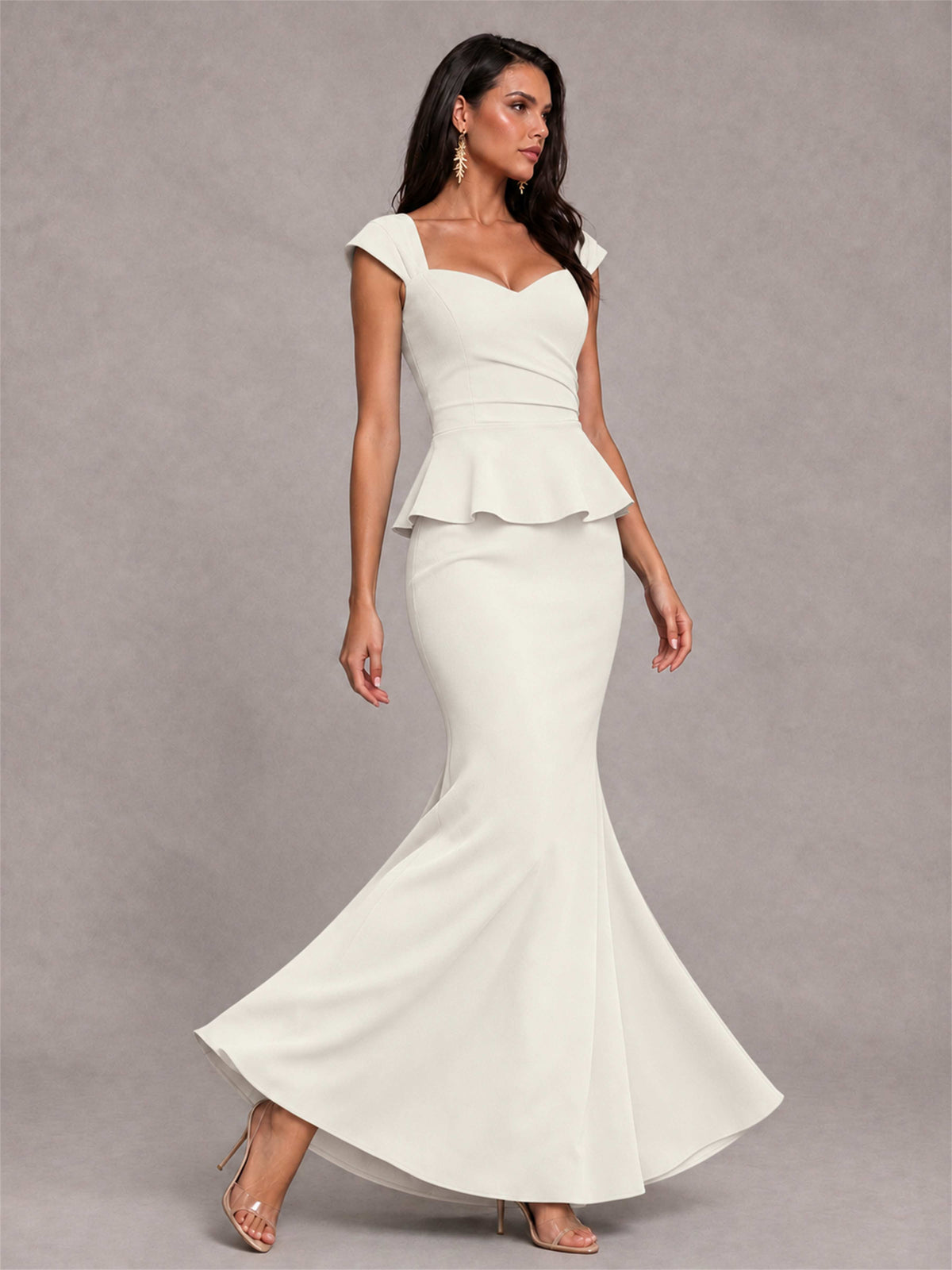 V-Neck Mermaid Satin Ruched Cap Sleeve Pleated Evening Dress