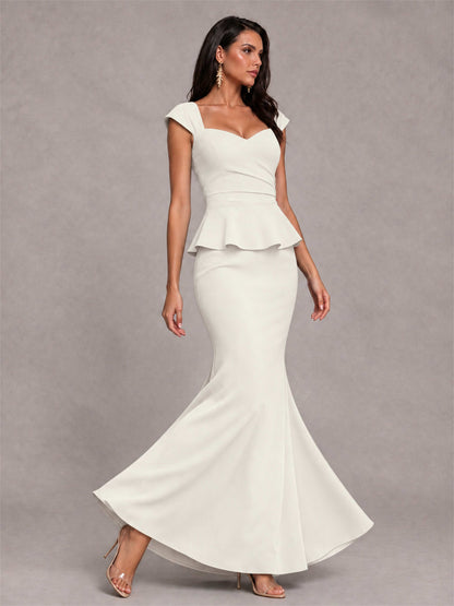 V-Neck Mermaid Satin Ruched Cap Sleeve Pleated Evening Dress