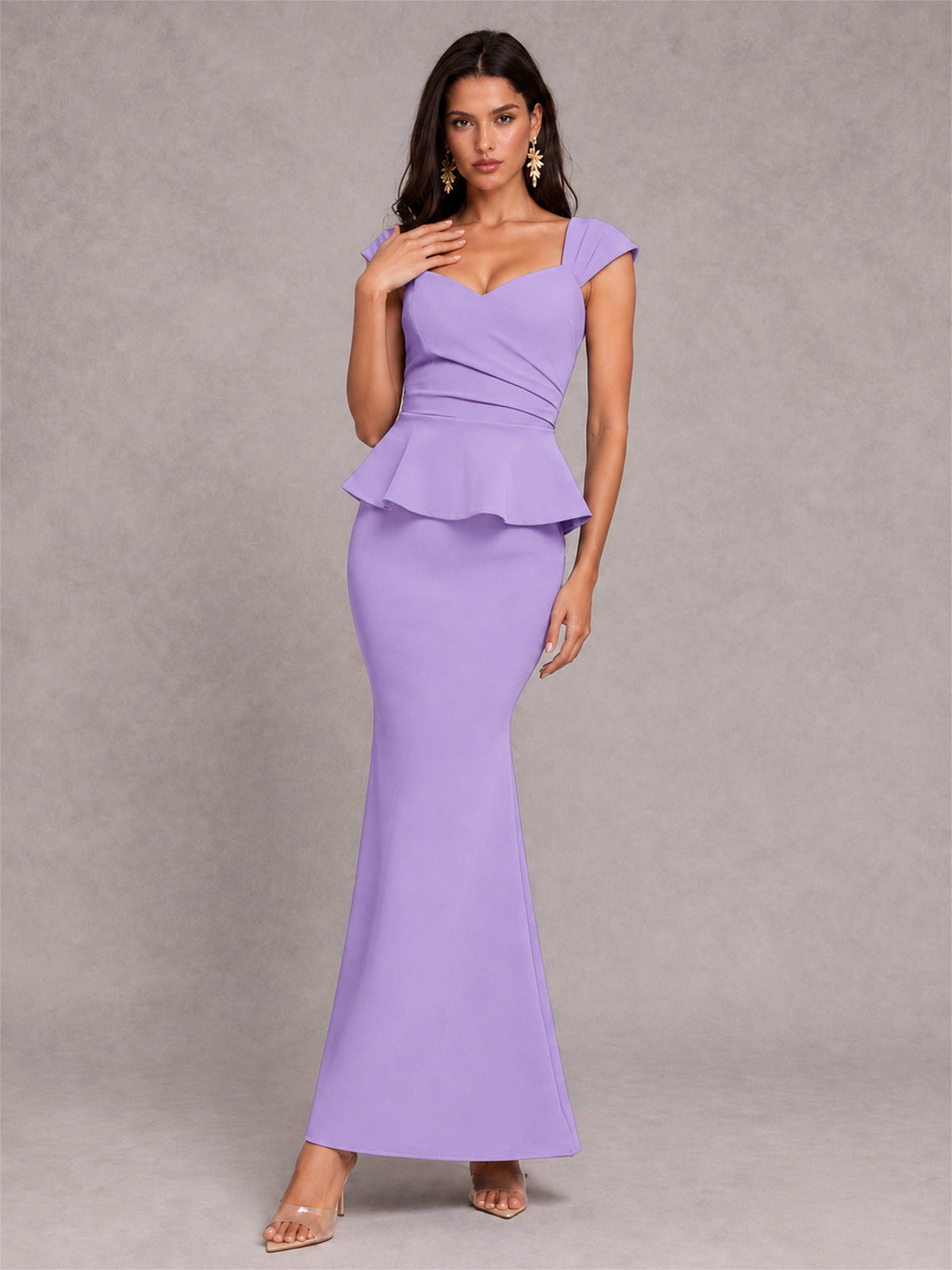 V-Neck Mermaid Satin Ruched Cap Sleeve Pleated Evening Dress