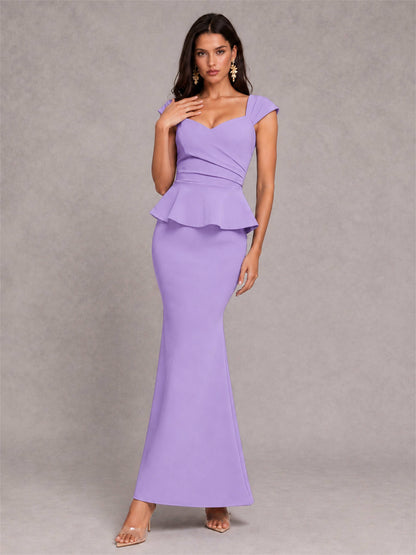 V-Neck Mermaid Satin Ruched Cap Sleeve Pleated Evening Dress