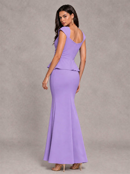V-Neck Mermaid Satin Ruched Cap Sleeve Pleated Evening Dress