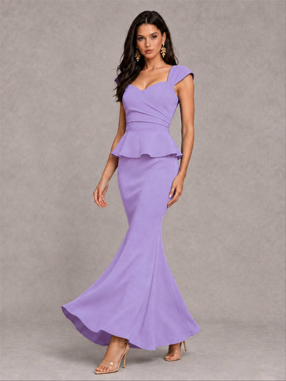 V-Neck Mermaid Satin Ruched Cap Sleeve Pleated Evening Dress
