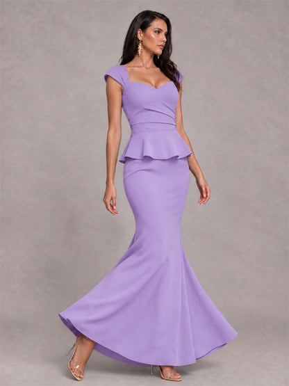 V-Neck Mermaid Satin Ruched Cap Sleeve Pleated Evening Dress