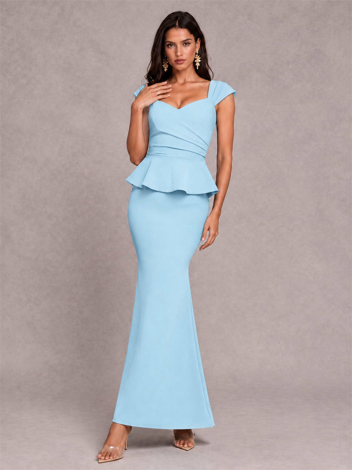 V-Neck Mermaid Satin Ruched Cap Sleeve Pleated Evening Dress