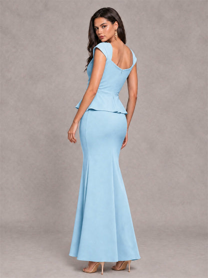 V-Neck Mermaid Satin Ruched Cap Sleeve Pleated Evening Dress