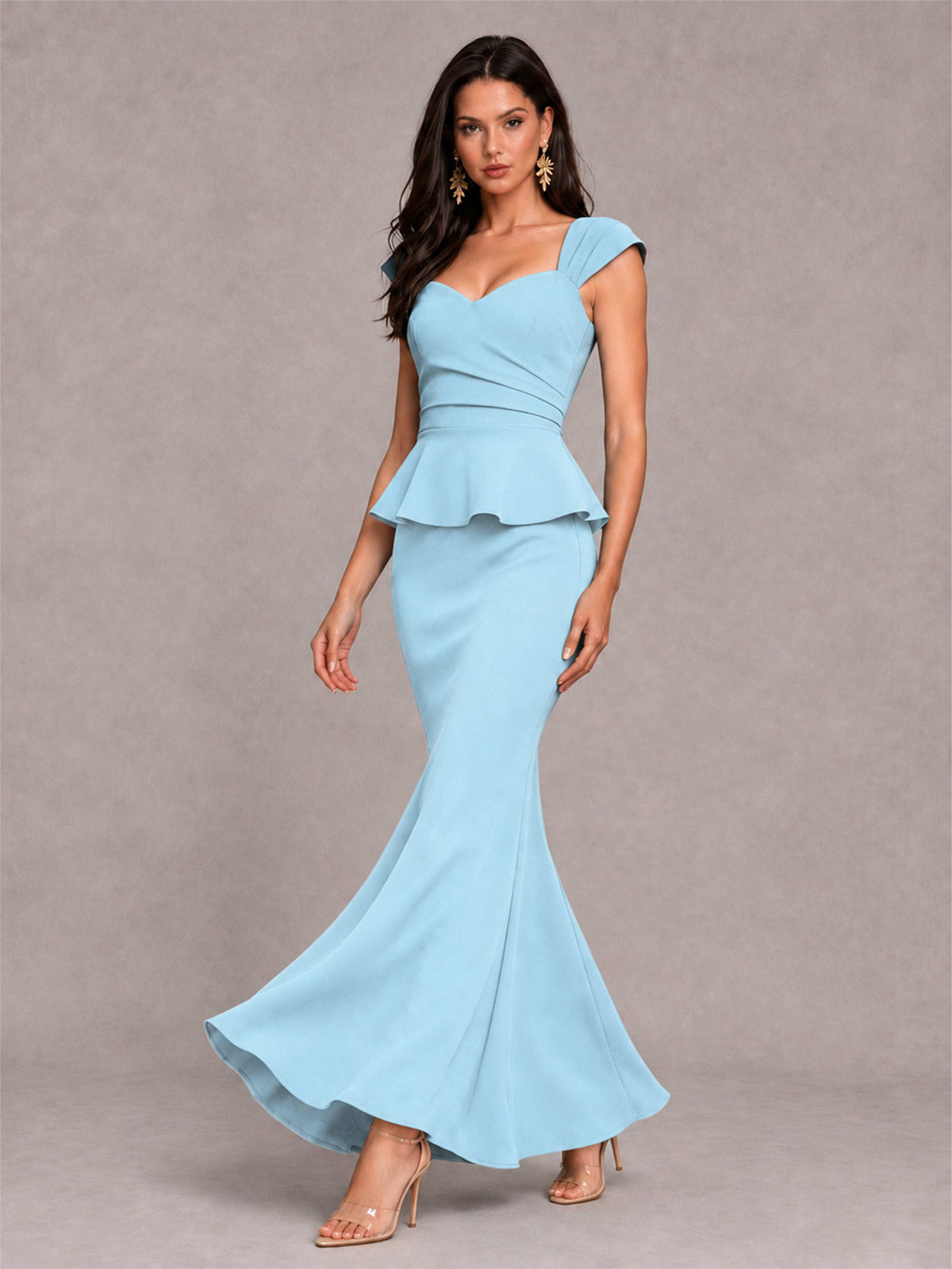 V-Neck Mermaid Satin Ruched Cap Sleeve Pleated Evening Dress