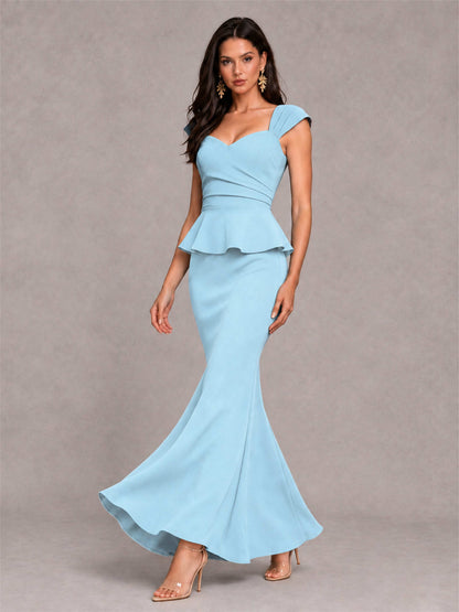 V-Neck Mermaid Satin Ruched Cap Sleeve Pleated Evening Dress