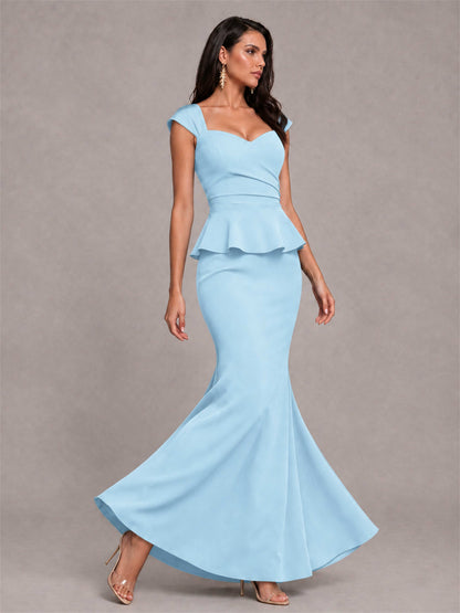 V-Neck Mermaid Satin Ruched Cap Sleeve Pleated Evening Dress