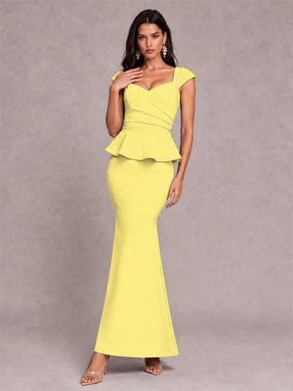 V-Neck Mermaid Satin Ruched Cap Sleeve Pleated Evening Dress