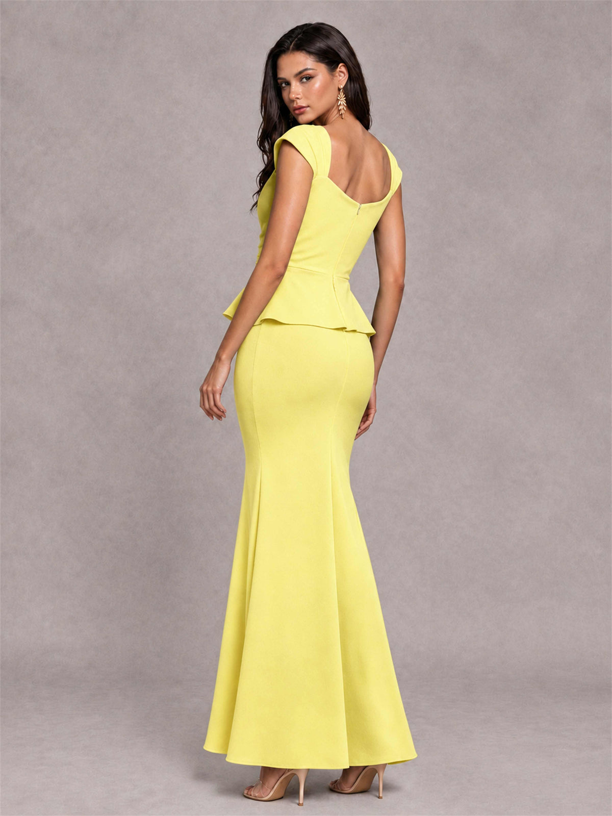 V-Neck Mermaid Satin Ruched Cap Sleeve Pleated Evening Dress