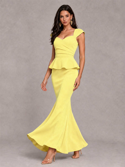 V-Neck Mermaid Satin Ruched Cap Sleeve Pleated Evening Dress