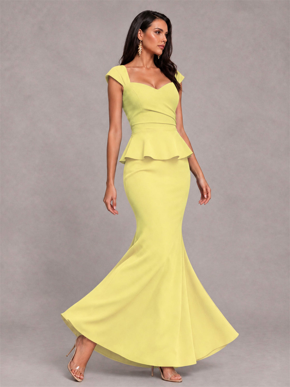 V-Neck Mermaid Satin Ruched Cap Sleeve Pleated Evening Dress