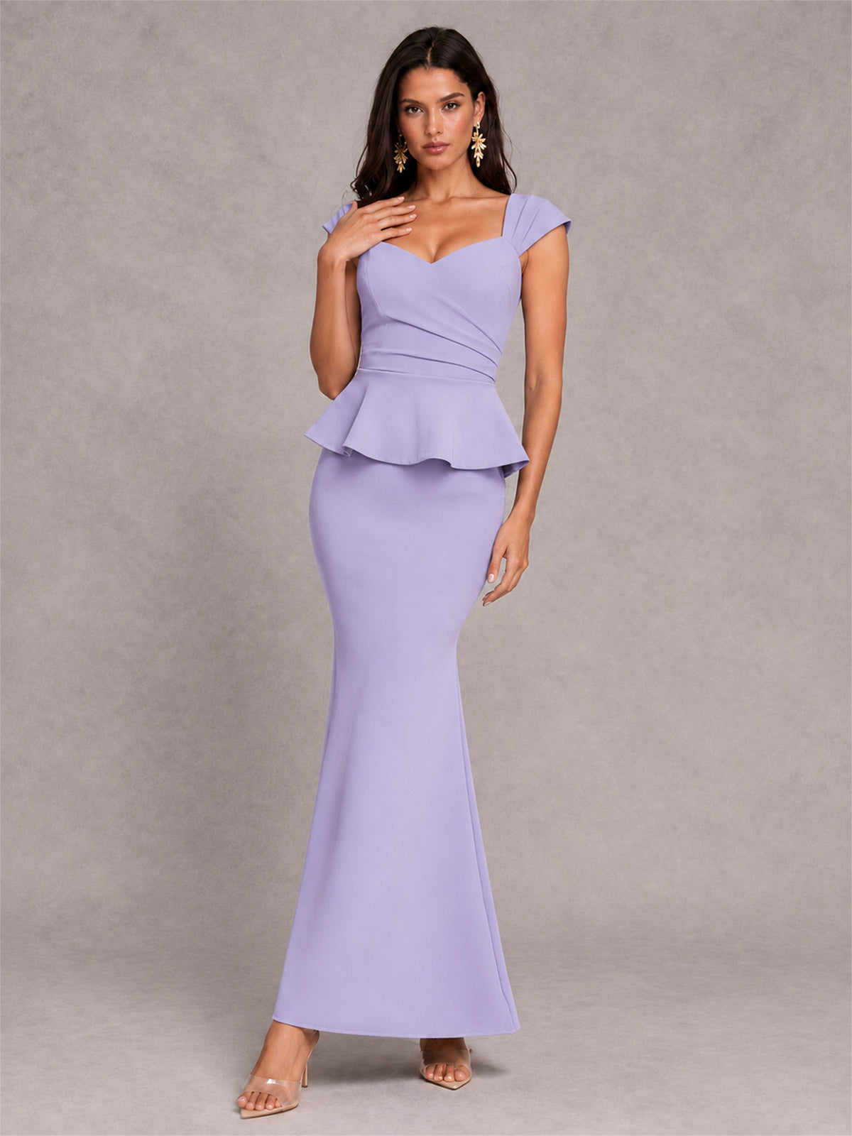 V-Neck Mermaid Satin Ruched Cap Sleeve Pleated Evening Dress
