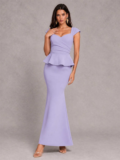 V-Neck Mermaid Satin Ruched Cap Sleeve Pleated Evening Dress