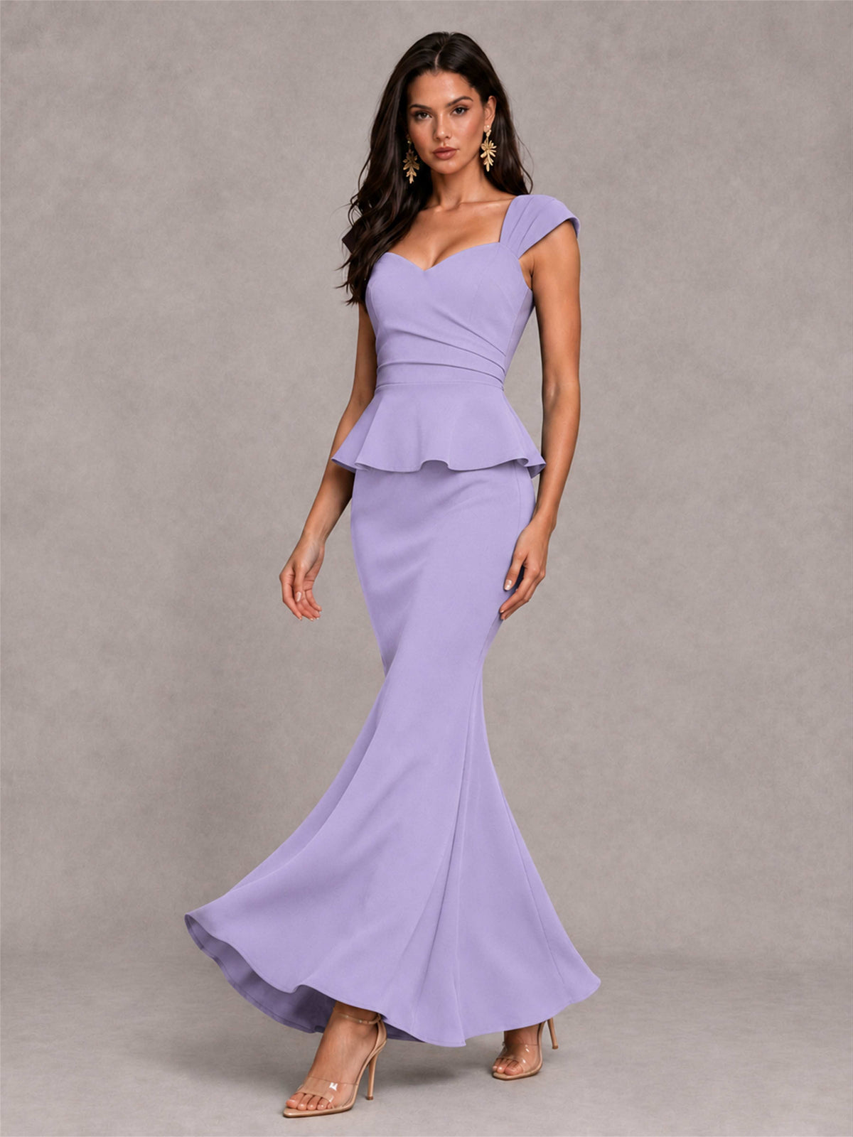 V-Neck Mermaid Satin Ruched Cap Sleeve Pleated Evening Dress