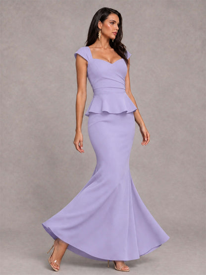V-Neck Mermaid Satin Ruched Cap Sleeve Pleated Evening Dress