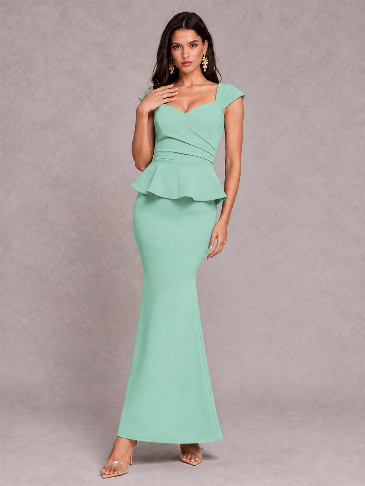 V-Neck Mermaid Satin Ruched Cap Sleeve Pleated Evening Dress