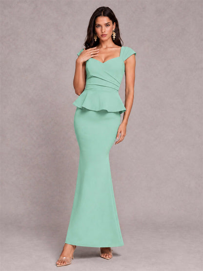 V-Neck Mermaid Satin Ruched Cap Sleeve Pleated Evening Dress