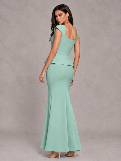 V-Neck Mermaid Satin Ruched Cap Sleeve Pleated Evening Dress