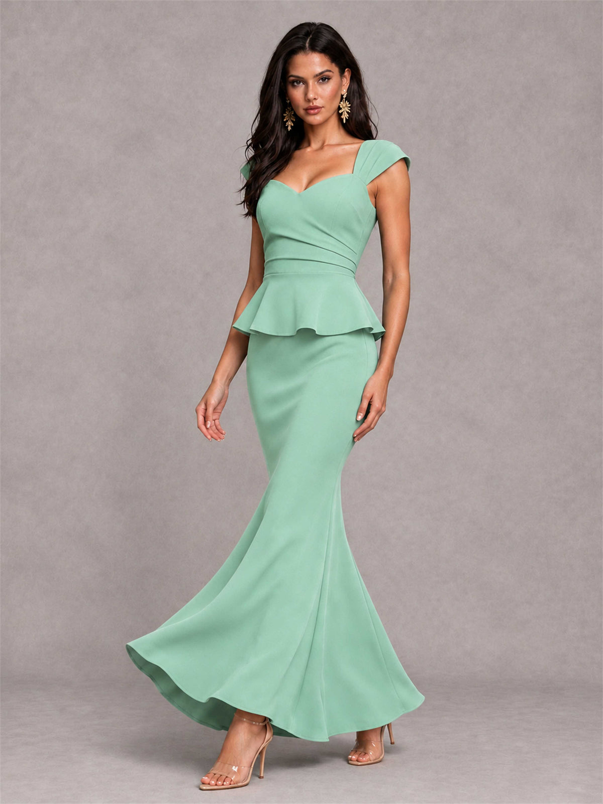 V-Neck Mermaid Satin Ruched Cap Sleeve Pleated Evening Dress