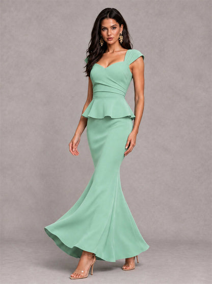 V-Neck Mermaid Satin Ruched Cap Sleeve Pleated Evening Dress