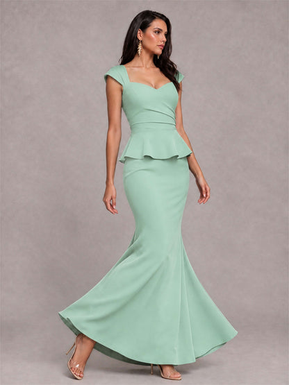 V-Neck Mermaid Satin Ruched Cap Sleeve Pleated Evening Dress