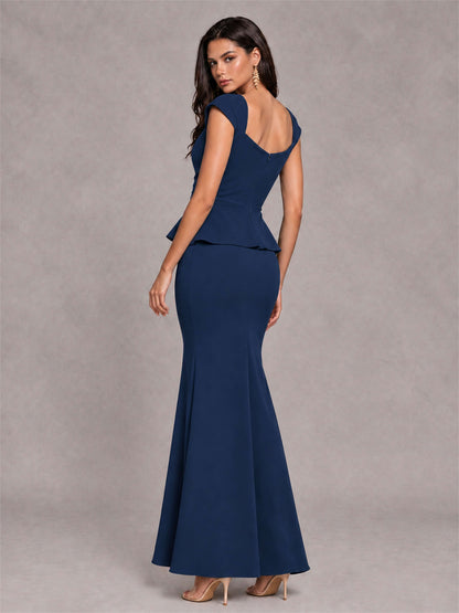 V-Neck Mermaid Satin Ruched Cap Sleeve Pleated Evening Dress