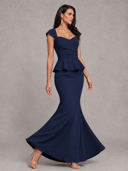 V-Neck Mermaid Satin Ruched Cap Sleeve Pleated Evening Dress