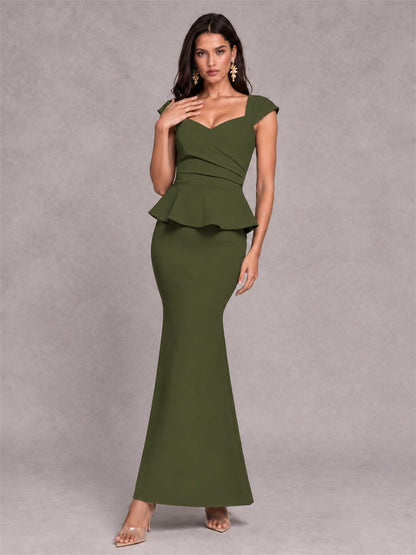 V-Neck Mermaid Satin Ruched Cap Sleeve Pleated Evening Dress