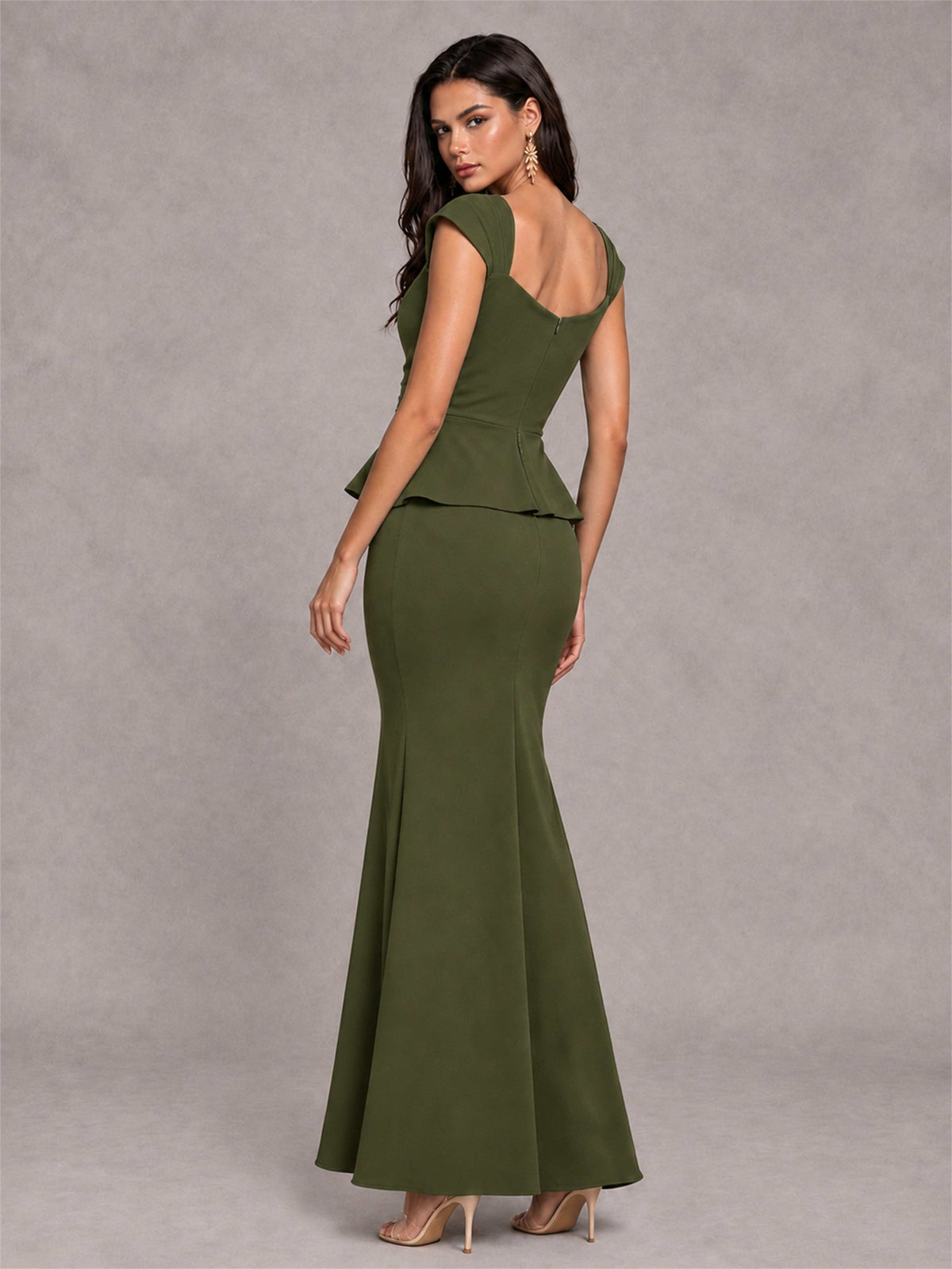 V-Neck Mermaid Satin Ruched Cap Sleeve Pleated Evening Dress