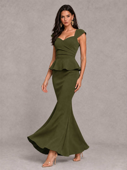 V-Neck Mermaid Satin Ruched Cap Sleeve Pleated Evening Dress