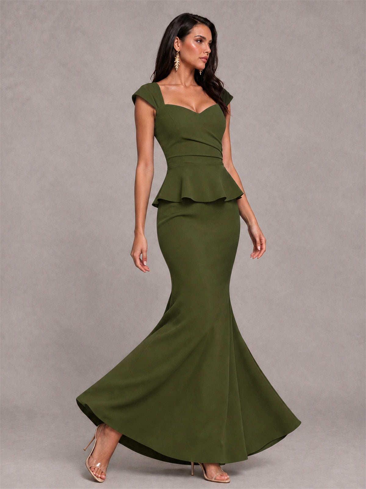 V-Neck Mermaid Satin Ruched Cap Sleeve Pleated Evening Dress