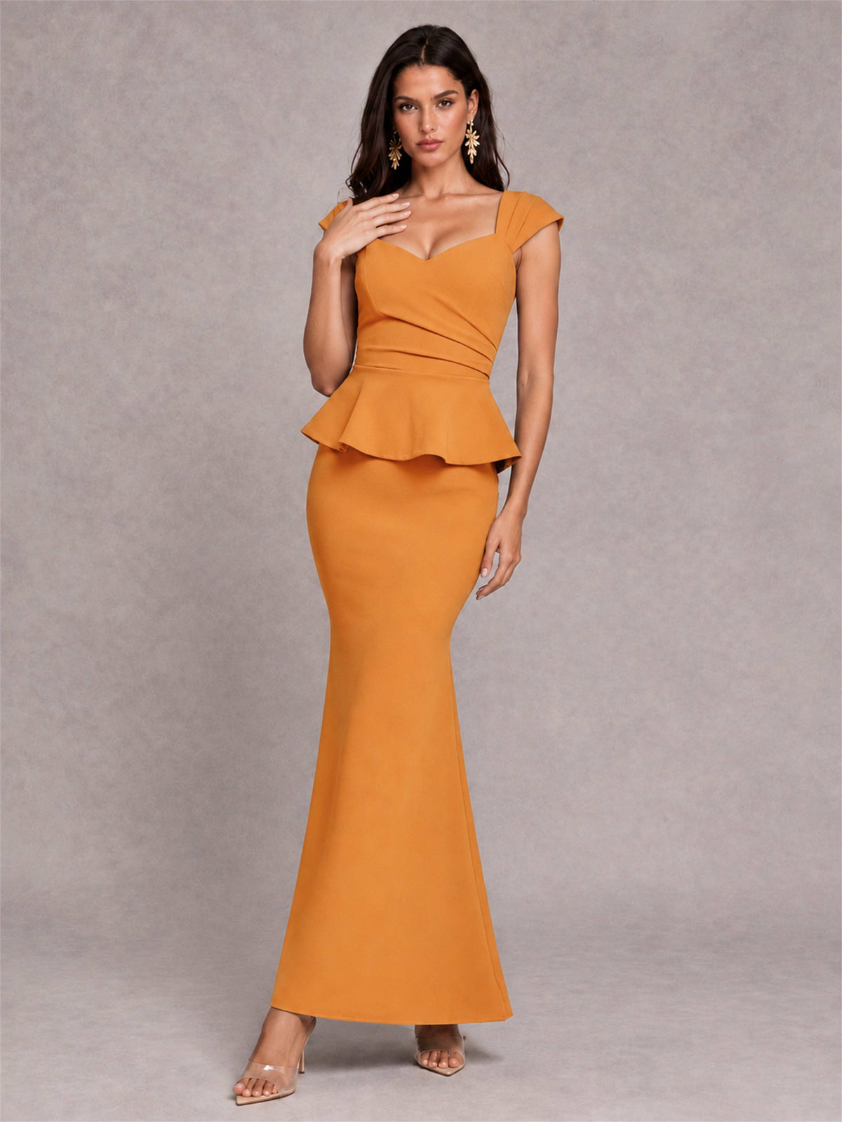 V-Neck Mermaid Satin Ruched Cap Sleeve Pleated Evening Dress