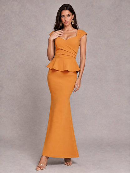 V-Neck Mermaid Satin Ruched Cap Sleeve Pleated Evening Dress