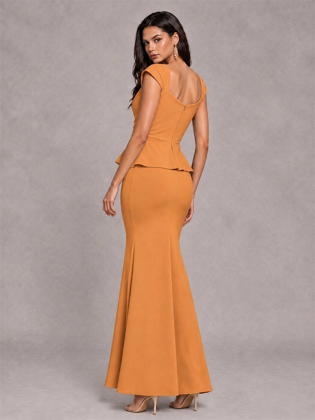 V-Neck Mermaid Satin Ruched Cap Sleeve Pleated Evening Dress
