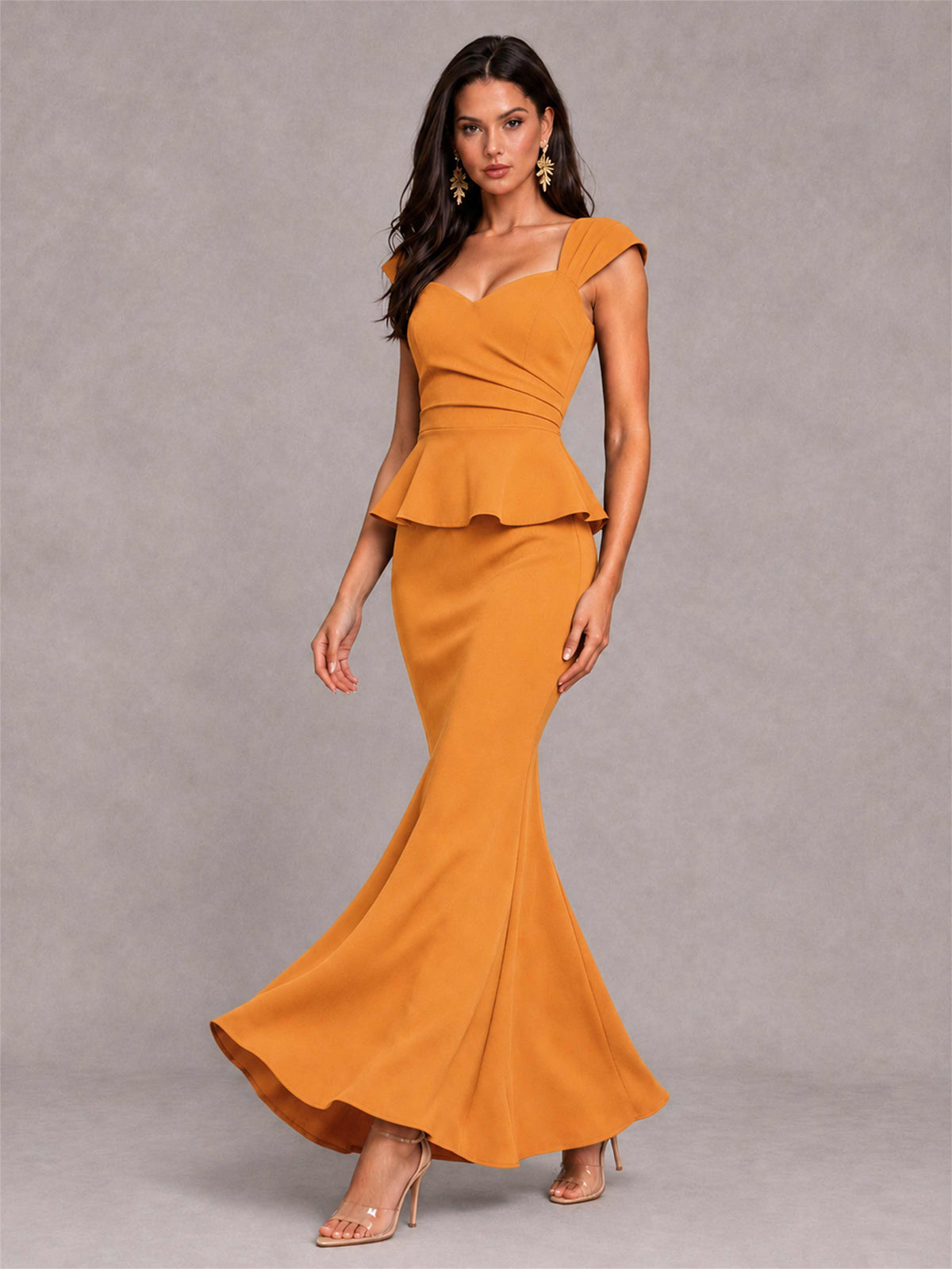 V-Neck Mermaid Satin Ruched Cap Sleeve Pleated Evening Dress