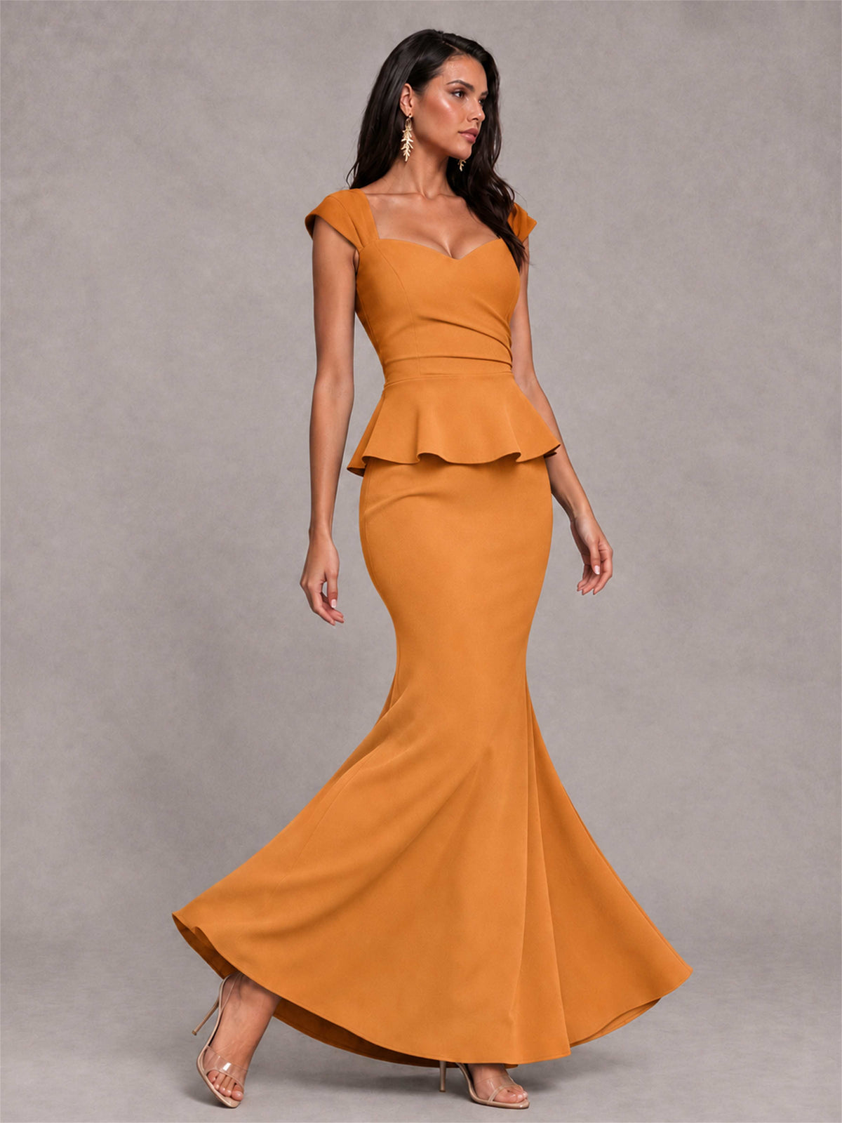 V-Neck Mermaid Satin Ruched Cap Sleeve Pleated Evening Dress
