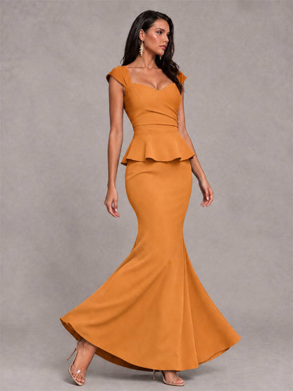 V-Neck Mermaid Satin Ruched Cap Sleeve Pleated Evening Dress