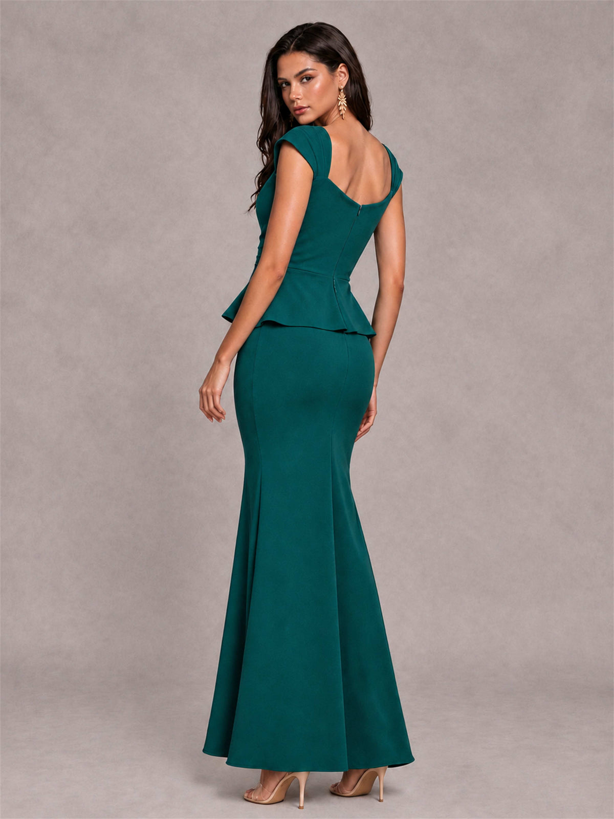 V-Neck Mermaid Satin Ruched Cap Sleeve Pleated Evening Dress