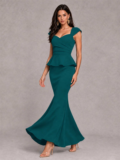 V-Neck Mermaid Satin Ruched Cap Sleeve Pleated Evening Dress