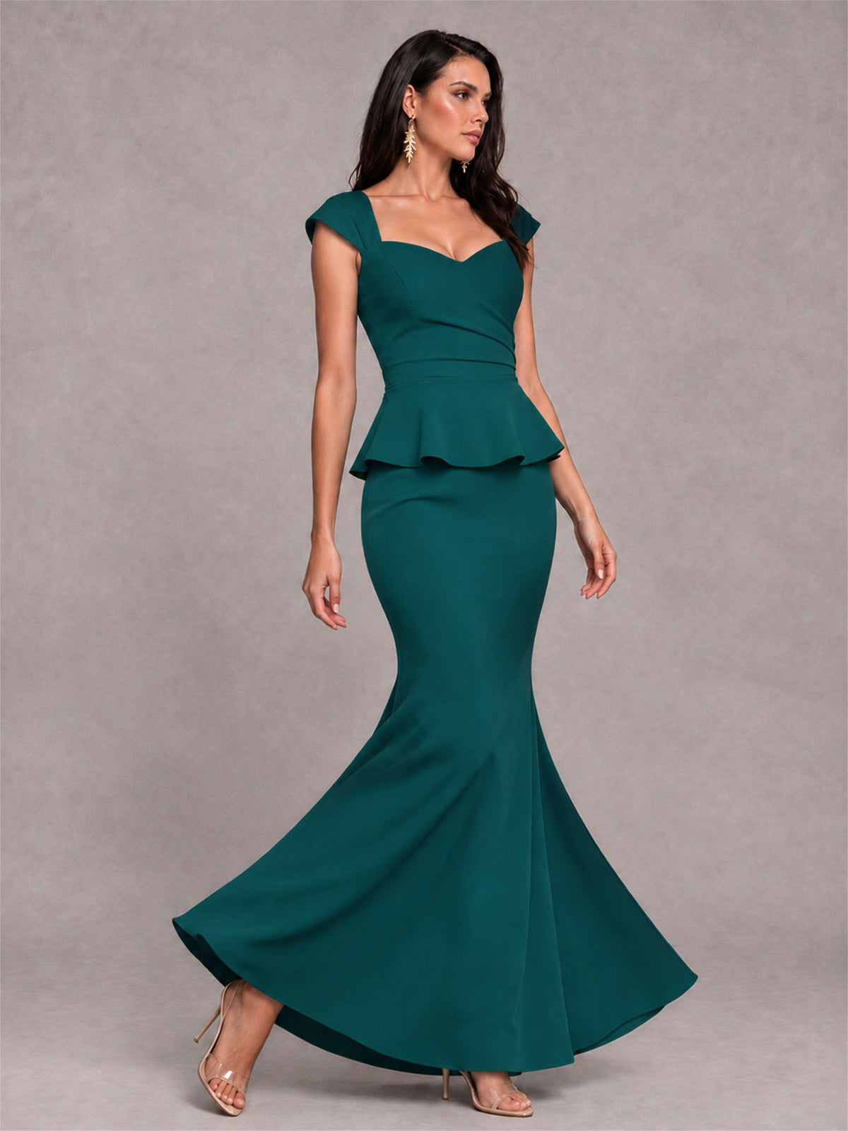 V-Neck Mermaid Satin Ruched Cap Sleeve Pleated Evening Dress